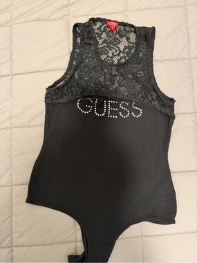 GUESS Black Lace Rhinestone Logo Bodysuit Size S
